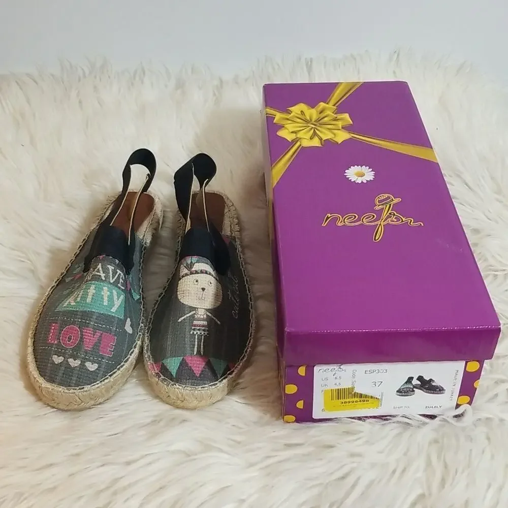 Neef Brave Kitty Love Espadrille Sling Platforms - New In Box - Size 37 (US 7)
